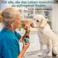 Hund und Tierärztin Dr. Schoen mit Nervenheld, zur Unterstützung der normalen Funktion des Nervensystems