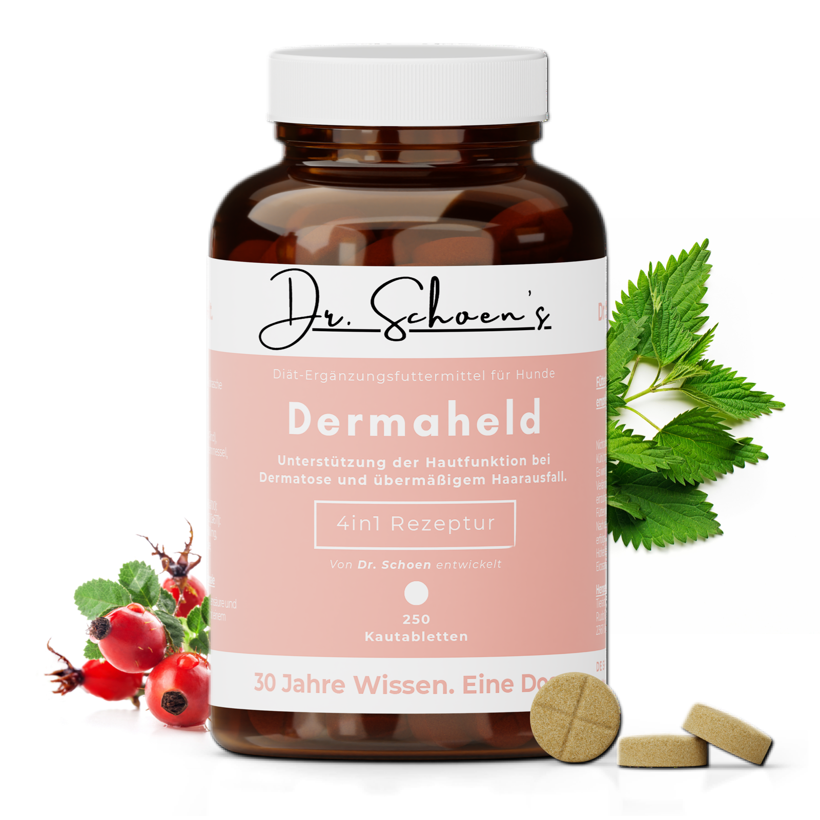 Dose Dr. Schoen's Dermaheld, Diät-Ergänzungsfuttermittel für Hunde, 4in1-Rezeptur mit 250 Kautabletten