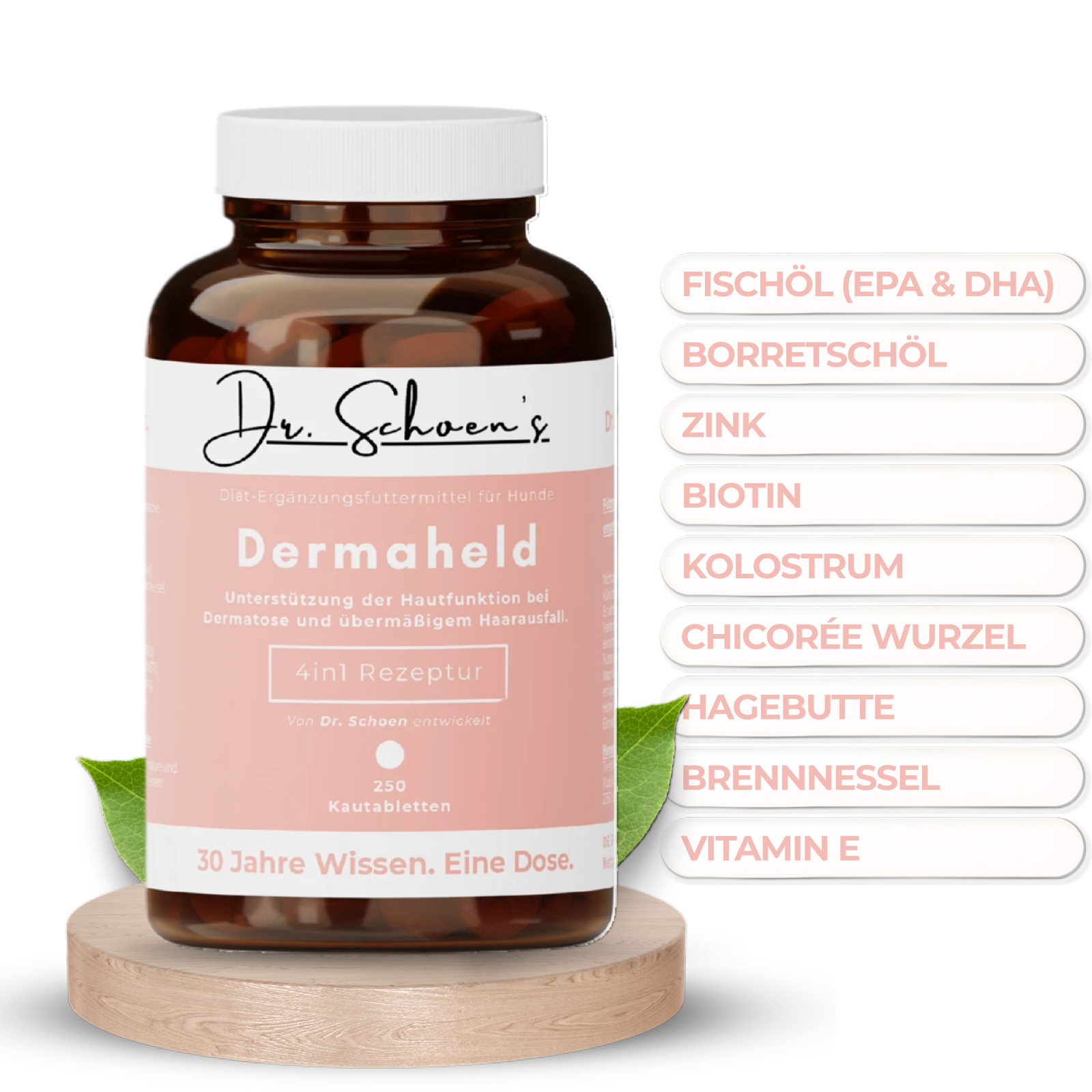 Dose Dr. Schoen's Dermaheld mit den Wirkstoffen: Fischöl mit EPA und DHA, Borretschöl, Zink, Biotin, Kolostrum, Chicorée-Wurzel, Hagebutte, Brennnessel und Vitamin E