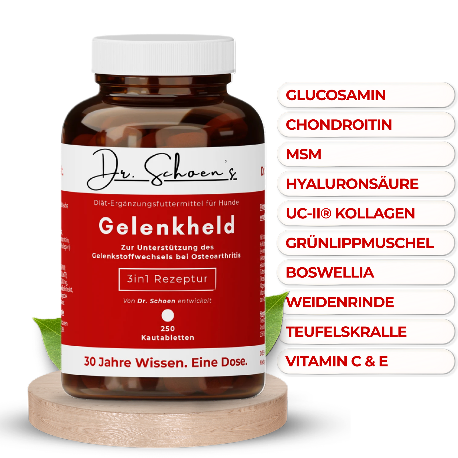 Dose Dr. Schoen's Gelenkheld mit den neun Wirkstoffen: Glucosamin, Chondroitin, MSM, Hyaluronsäure, UC-II Kollagen, Grünlippmuschel, Boswellia, Weidenrinde und Teufelskralle