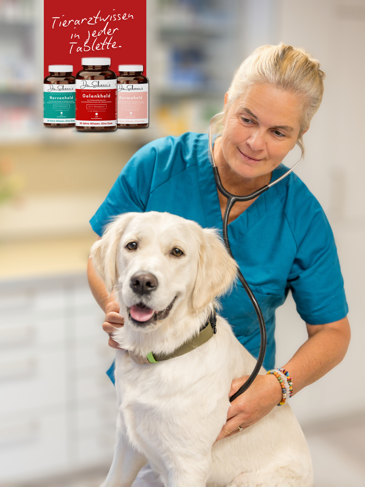 Tierärztin Dr. med. vet. Rikea Schön untersucht einen Golden Retriever, daneben alle drei Dosen mit dem Schriftzug Tierarztwissen in jeder Tablette