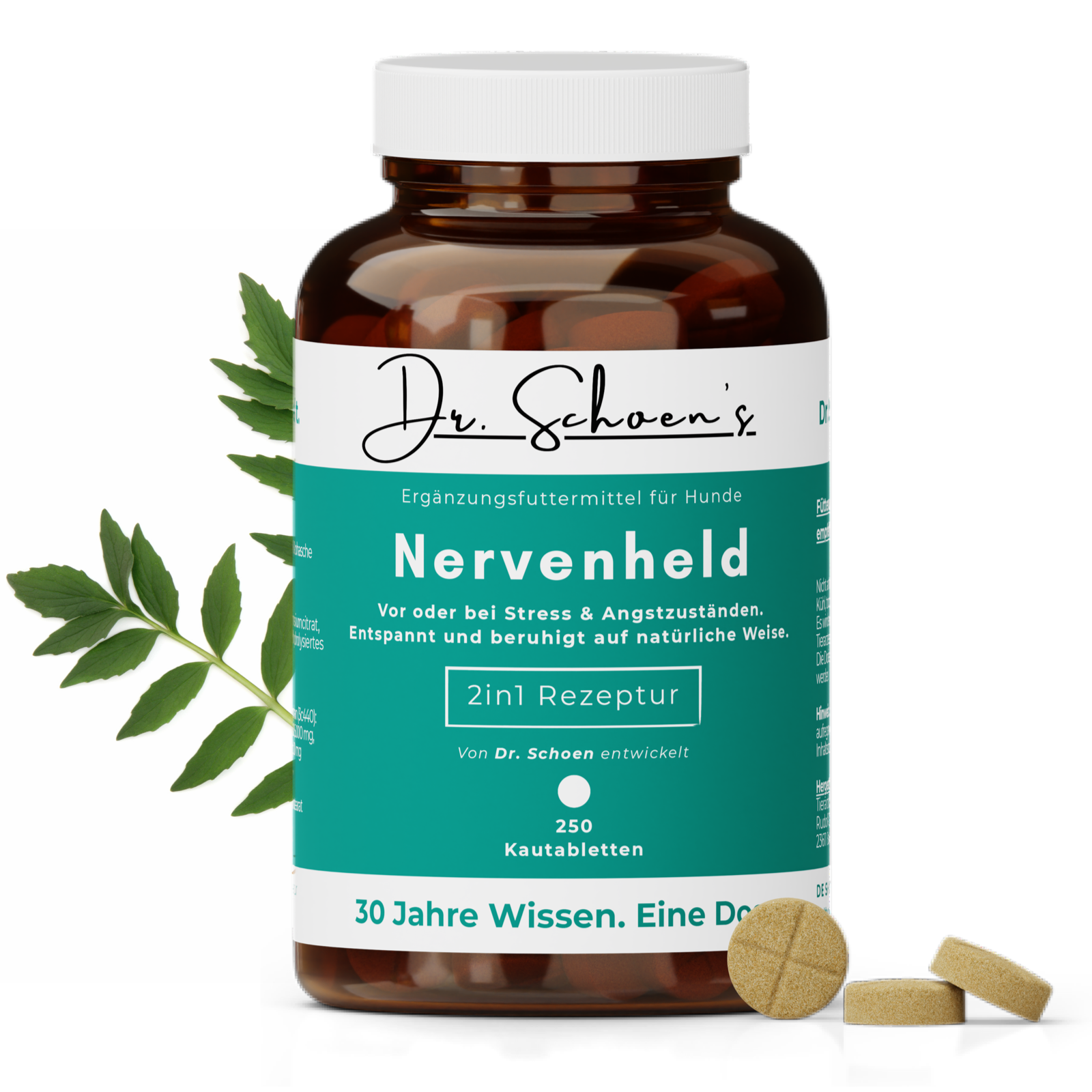 Dose Dr. Schoen's Nervenheld, Ergänzungsfuttermittel für Hunde, 2in1-Rezeptur mit 250 Kautabletten