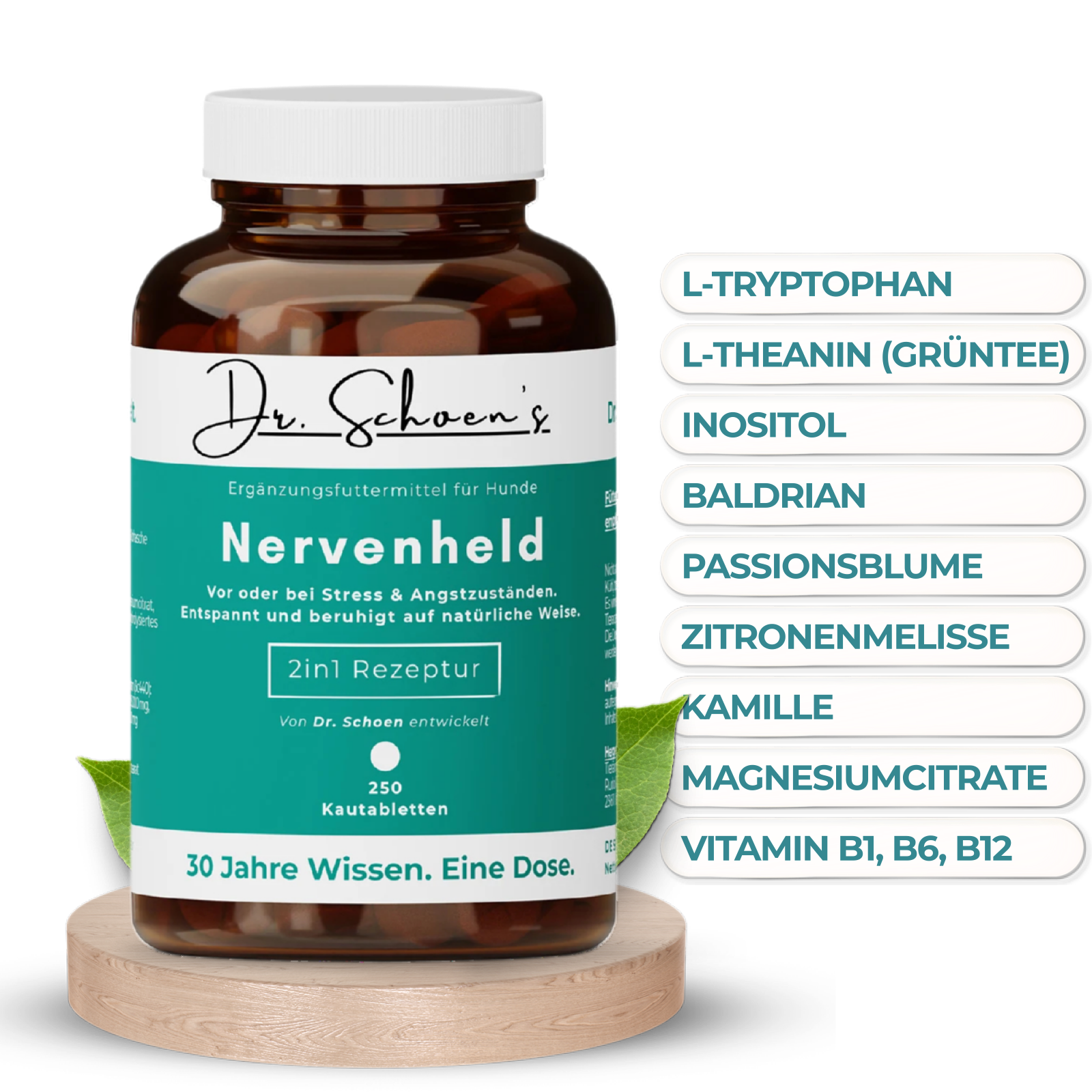 Dose Dr. Schoen's Nervenheld mit den Wirkstoffen: L-Tryptophan, L-Theanin aus Grüntee, Inositol, Baldrian, Passionsblume, Zitronenmelisse, Kamille, Magnesiumcitrat und Vitamin B1, B6, B12